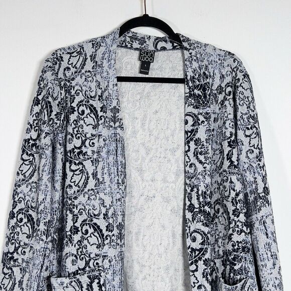 Clara Sun Woo Longline Cardigan Womens Sz L Blue Gray Open Front Scroll Filigree - Picture 2 of 12